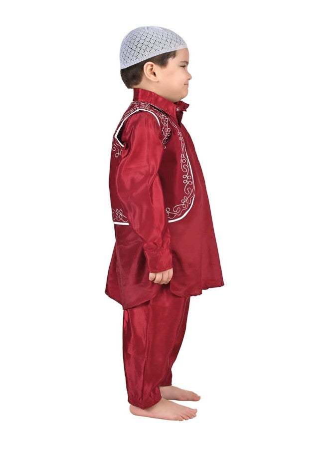 BookMyCostume Muslim Boy Red Pathani Suit with Cap Indian Fancy Dress Costume for Boys 2-3 years - Image 2